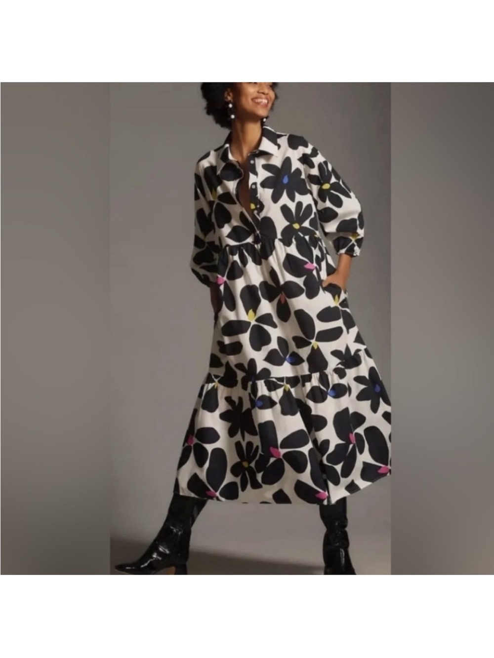 Maeve by Anthropologie The Bettina Black & White Floral Maxi Dress Size- Small P